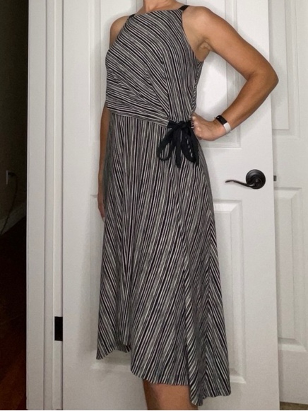 MAEVE Black and White Striped Tie-Waist high/low Midi Dress: Medium